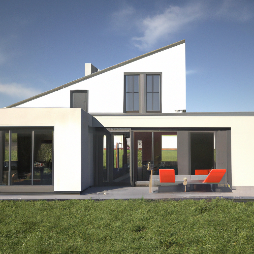 Fotorealistisch beeld van een moderne aanbouw aan een woning, met een gezin dat tevreden in de tuin zit en geniet van hun vernieuwde leefruimte. De aanbouw moet duidelijk zichtbaar zijn, met een stijlvol interieur dat past bij de bestaande woning. Dit beeld moet de positieve impact van een verbouwing uitstralen en de vreugde van de bewoners benadrukken, zonder dat de constructeur zichtbaar is.