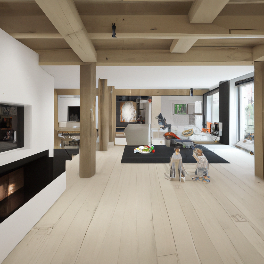 Fotorealistische afbeelding van een moderne, energie-efficiënte woningverbouwing, met een sfeervolle keuken en een gezin dat samen geniet van de ruimte. De focus ligt op duurzame materialen en een goed doordacht ontwerp, met zichtbare elementen zoals grote ramen voor natuurlijke lichtinval en groenerelementen zoals planten of zonnepanelen. In de achtergrond zijn bouwmaterialen en gereedschap te zien, wat de actieve verbouwingssfeer benadrukt, terwijl het gezin tevreden en ontspannen samenkomt in hun vernieuwde leefomgeving.