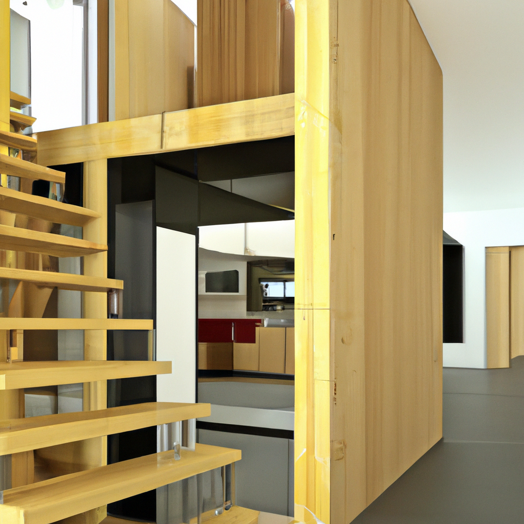Fotorealistisch beeld van een moderne houten verdieping in aanbouw in een woning, met een lichte en stijlvolle woonkamer die de impact van de verbouwing benadrukt. Toont tevreden bewoners die hun nieuwe leefruimte bewonderen, met focus op veiligheid en stabiliteit van de constructie. De atmosfeer moet een gevoel van comfort en tevredenheid uitstralen, met details die de kwaliteit en zorgvuldigheid van de verbouwing onderstrepen.