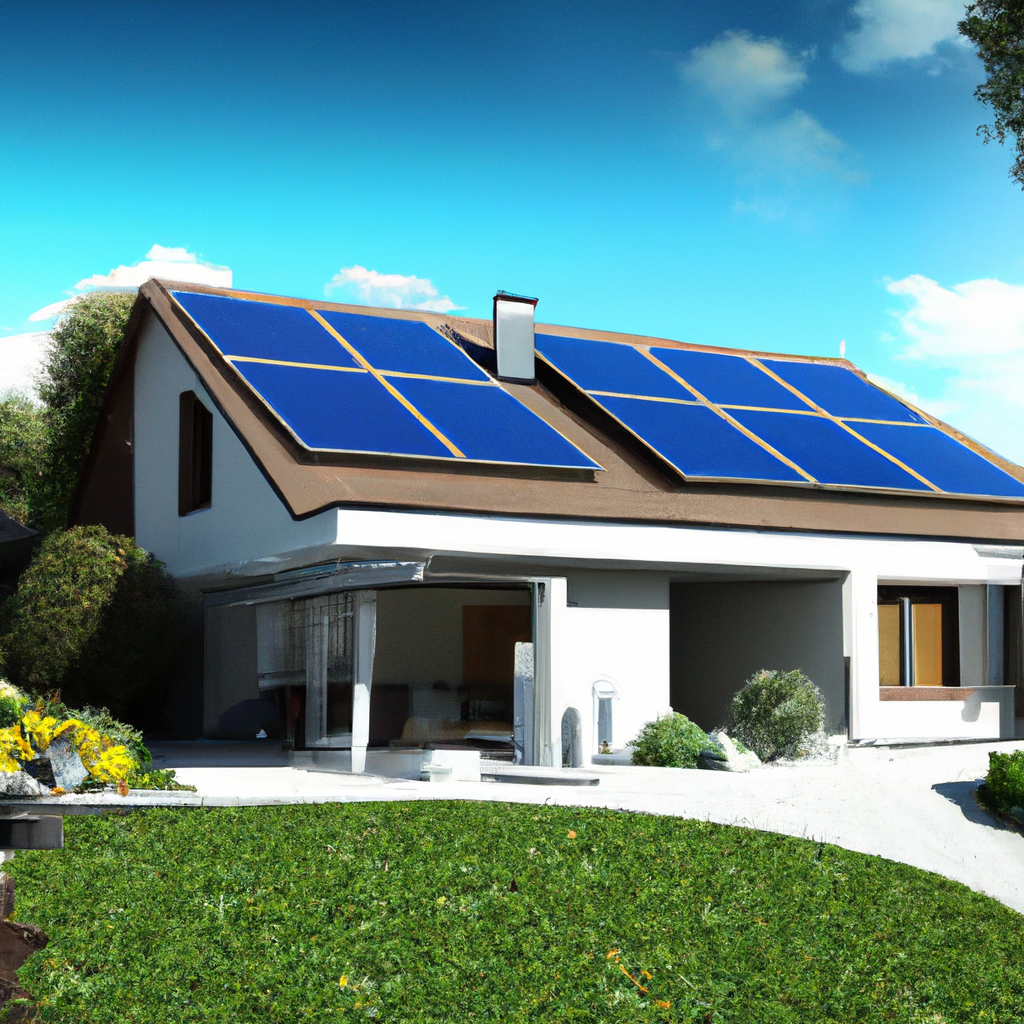 Fotorealistische afbeelding van een modern huis met zonnepanelen op het dak, omgeven door een prachtige tuin. Tevreden huiseigenaren staan voor hun vernieuwde woning, blij met de duurzame upgrade. Het beeld weerspiegelt de zorgvuldige integratie van zonnepanelen in de dakopbouw, wat het belang van constructieve veiligheid en samenwerking met een constructeur benadrukt. De sfeer is positief en belooft een veilige, toekomstbestendige leefomgeving.