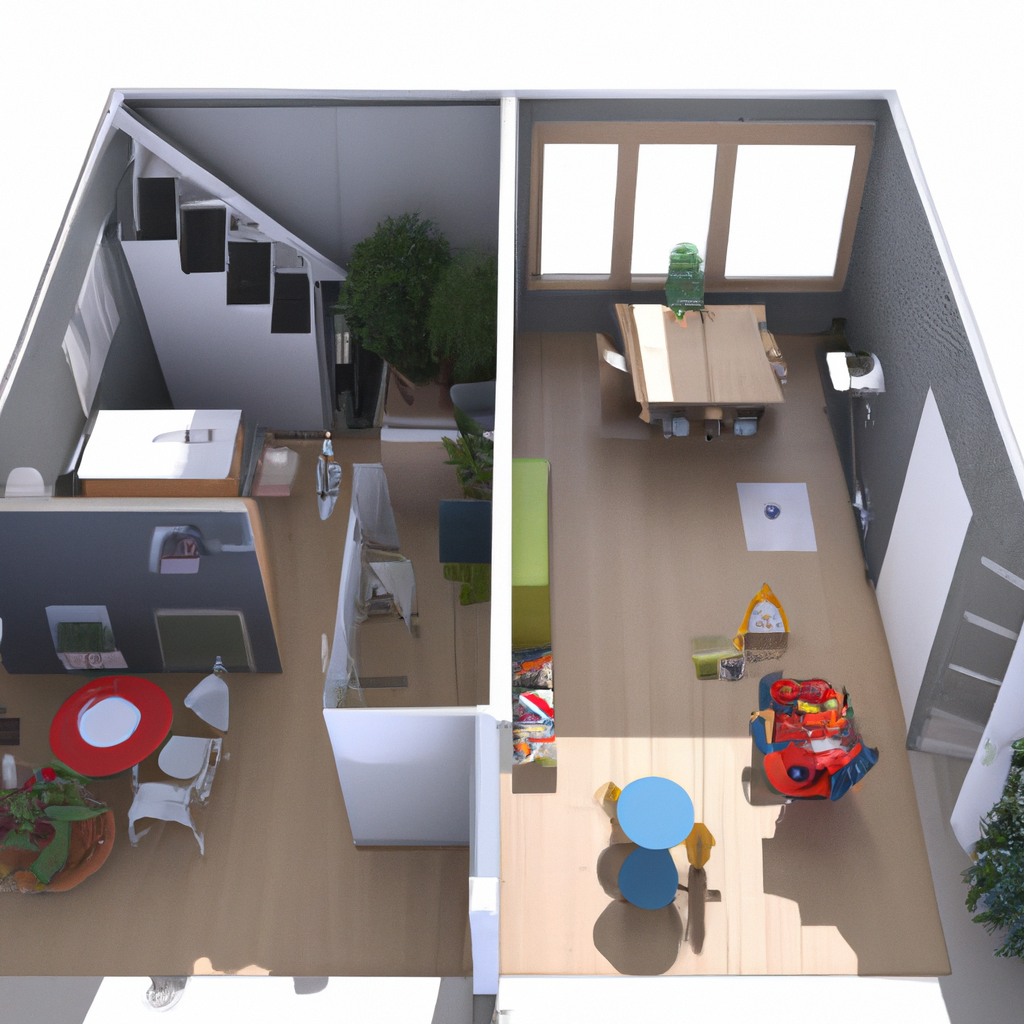 Fotorealistische afbeelding van een moderne multifunctionele bisserruimte in een woning, met een stijlvolle woonkamer die functioneert als een thuiswerkplek en speeltuin voor kinderen. De ruimte is licht en ruim, met decoratieve elementen en een gezellige sfeer. Een paar blije mensen zijn zichtbaar, genietend van de nieuwe indeling en functionaliteit van hun huis, wat de voordelen van een goed uitgevoerde verbouwing illustreert. Geen constructeur in beeld, maar de ruimte benadrukt de waarde van professionele ondersteuning bij verbouwingen.