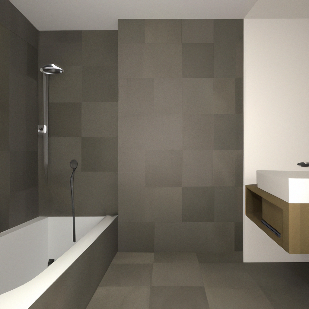 Fotorealistisch beeld van een moderne badkamerverbouwing in uitvoering, met een tevreden gezin dat de nieuwe indeling en decoratie bewondert. De ruimte moet comfortabel en uitnodigend zijn, met stijlvolle tegels, een inloopdouche en goed geplaatste verlichting. De focus ligt op de details van de verbouwing, die de zorgvuldigheid en professionaliteit uitstralen van een constructeur, zonder dat deze zichtbaar is. Zorg voor een heldere, opgeruimde uitstraling die de veiligheid en esthetiek van de verbouwing benadrukt.