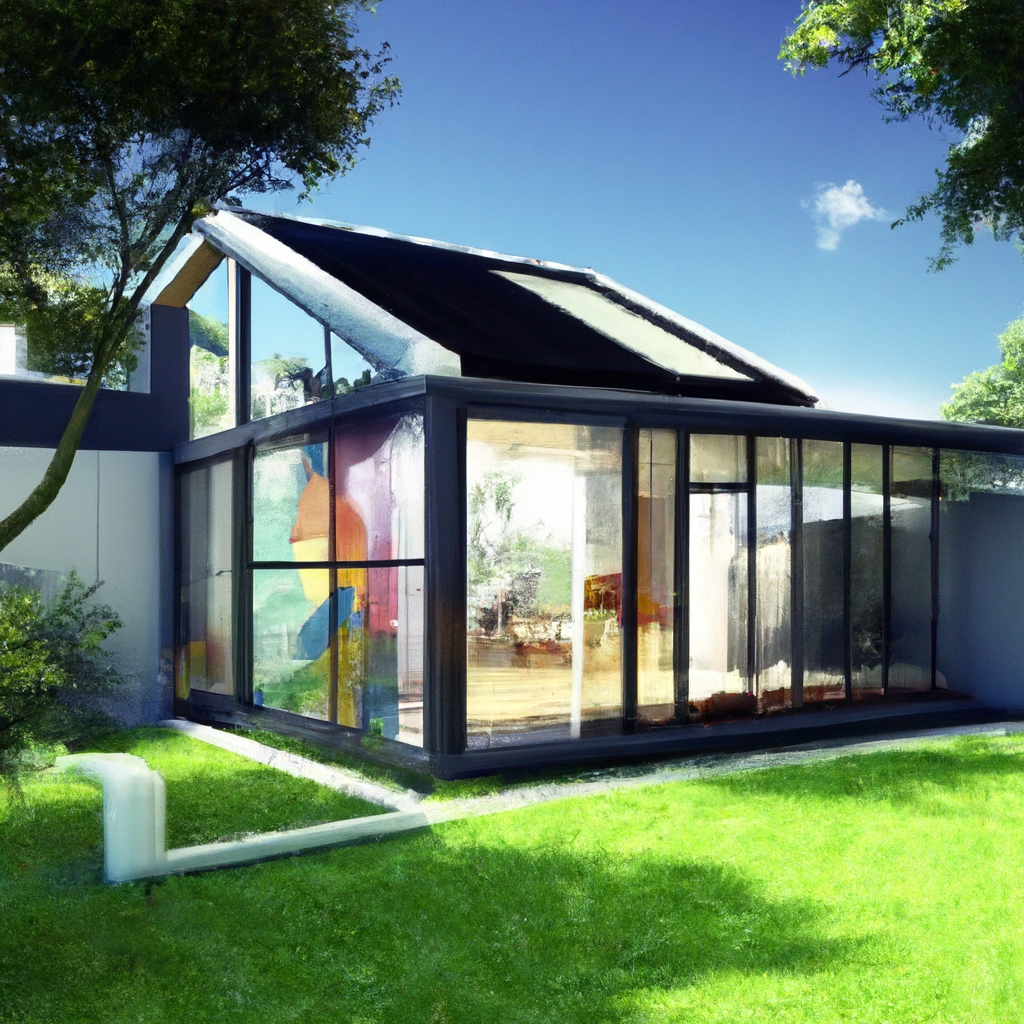 Fotorealistisch beeld van een serene en moderne serre-uitbreiding aan een woning, met een ruime lichtinval en een harmonieuze verbinding met de tuin. Op de voorgrond een tevreden stel dat samen geniet van hun nieuwe leefruimte, omringd door eigentijdse decoraties en groen. De focus ligt op de constructie van de serre, waarbij de integriteit en schoonheid van de uitbreiding duidelijk zichtbaar zijn, zonder de constructeur zelf.