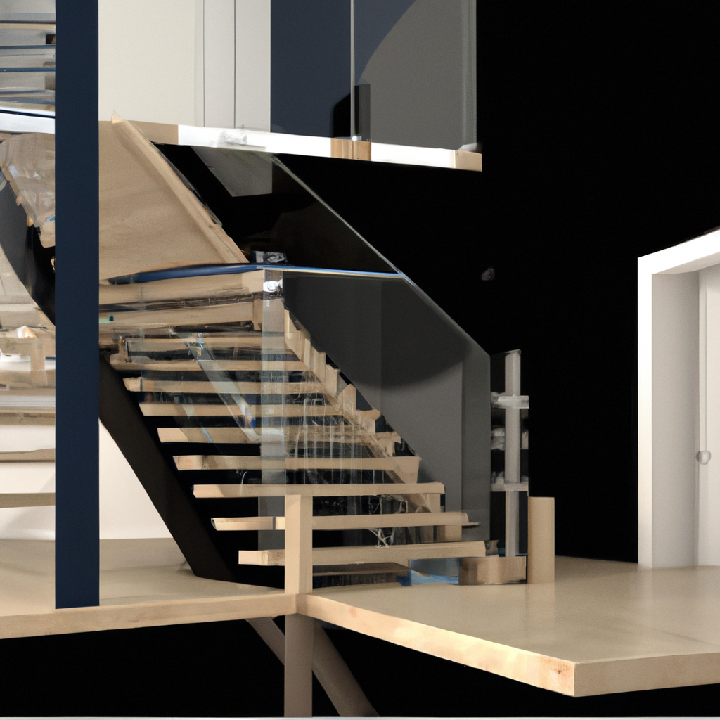 "Fotorealistisch beeld van een moderne open trap in een gezellige woonkamer tijdens een verbouwing, met blije mensen die de ruimte bewonderen. De setting moet een nieuwe, luchtige uitstraling hebben, waarbij de trap functioneel en esthetisch aantrekkelijk is. De foto moet de nadruk leggen op de geslaagde verbouwing en de verbeterde toegankelijkheid van de ruimte."