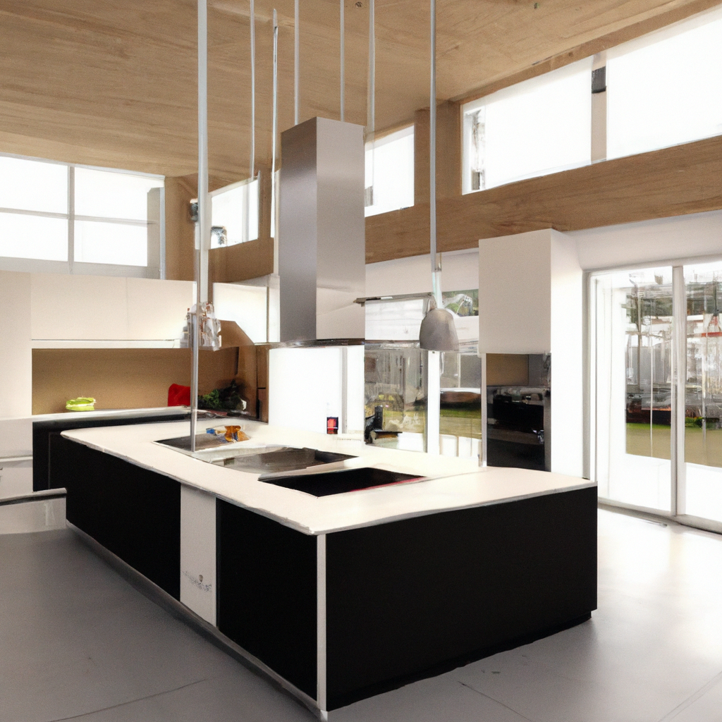 Fotorealistisch beeld van een moderne uitbouw aan een huis, met een unieke keuken en een gezin dat samen plezier heeft in hun nieuwe ruimte. De focus ligt op de harmonie van de architectuur en de natuurlijke lichtinval, wat de zorgvuldige planning en constructieve berekeningen benadrukt. Deze afbeelding vertegenwoordigt het gevoel van tevredenheid en comfort dat komt kijken bij een succesvolle verbouwing, zonder dat een constructeur zichtbaar is.