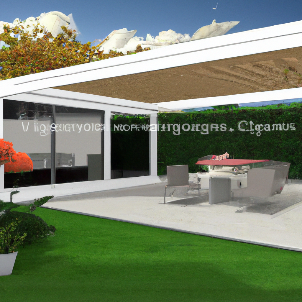 "Creëer een fotorealistisch beeld van een moderne tuin met een stijlvolle overkapping met glazen wanden, waarin een tevreden gezin geniet van hun nieuwe buitenruimte. De overkapping moet harmonieus geïntegreerd zijn in de tuin en de aandacht vestigen op de schoonheid van de constructie, zonder dat de constructeur zichtbaar is. Zorg voor een warme en uitnodigende sfeer die de functionaliteit en esthetiek van de ruimte benadrukt."